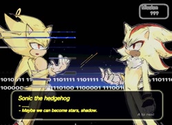 Size: 1240x904 | Tagged: safe, artist:p1p1thehedgehog, shadow the hedgehog, sonic the hedgehog, super shadow, super sonic, binary code, duo, english text, super form