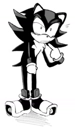 Size: 847x1425 | Tagged: safe, artist:umerouge, shadow the hedgehog, blushing, dash & spin super fast sonic, greyscale, monochrome, solo, standing