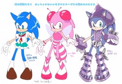 Size: 2048x1424 | Tagged: safe, artist:yaburekatapad, sonic the hedgehog, cosplay, crossdressing, crossover, japanese text, multiple views, schoolgirl outfit, simple background, white background