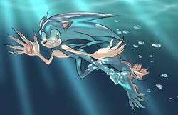 Size: 1913x1229 | Tagged: safe, artist:yaburekatapad, sonic the hedgehog, barefoot, gloves off, solo, species swap, swimming, underwater, water