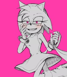 Size: 1780x2048 | Tagged: safe, artist:m3ri2310, amy rose, blaze the cat, amy x blaze, holding something, implied blaze, leash, monochrome, offscreen character, pink background, shipping, simple background, solo, spot color