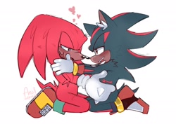 Size: 2048x1448 | Tagged: safe, artist:aruartpaca, knuckles the echidna, shadow the hedgehog, 2024, blushing, cute, duo, ear fluff, embarrassed, flustered, gay, hands on another's face, heart, holding each other, kneeling, knuxadow, lidded eyes, looking at each other, mouth open, shipping, signature, simple background, smile, sweatdrop, t4t, top surgery scars, trans male, transgender, white background