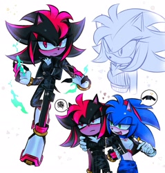 Size: 1955x2048 | Tagged: safe, artist:sa1k_a, shadow the hedgehog, sonic the hedgehog, 2024, alternate outfit, arm around shoulders, blushing, clothes, duo, frown, gender swap, lesbian, lidded eyes, looking at viewer, looking away, looking offscreen, r63 shipping, shadow x sonic, shipping, simple background, smile, standing, white background