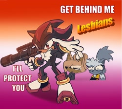 Size: 2048x1832 | Tagged: safe, artist:_karl0_, shadow the hedgehog, tangle the lemur, whisper the wolf, 2024, bazooka, confused, eye clipping through hair, get behind me lesbians, gradient background, holding something, lesbian, lesbian pride, looking at them, looking at viewer, meme, pride, pride flag background, redraw, shipping, standing, tangle x whisper, trio