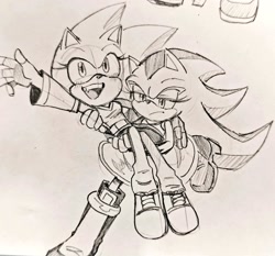 Size: 1024x956 | Tagged: safe, artist:vi7632, shadow the hedgehog, sonic the hedgehog, 2024, alternate outfit, carrying them, dress, duo, frown, gender swap, lesbian, lidded eyes, line art, looking ahead, looking at viewer, looking offscreen, monochrome, mouth open, pencilwork, r63 shipping, running, shadow x sonic, shipping, smile, traditional media