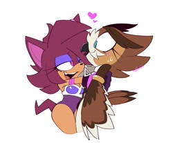 Size: 1736x1440 | Tagged: safe, artist:conniesky3, oc, oc:connie the hedgehog, oc:myrtle the bird, hedgehog, owl, 2022, blushing, connie x myrtle, duo, heart, holding them, hugging, lesbian, looking at each other, oc x oc, shipping, signature, simple background, smile, standing, sweatdrop, white background, wink