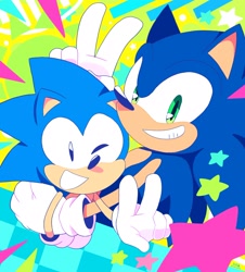 Size: 1850x2048 | Tagged: safe, artist:deltahead, sonic the hedgehog, 2024, classic sonic, clenched teeth, cute, double v sign, duo, holding them, looking at viewer, modern sonic, self paradox, smile, star (symbol), v sign, wink