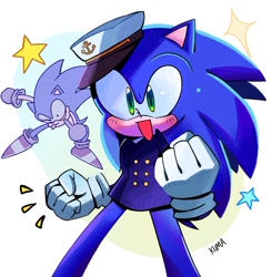 Size: 1000x1021 | Tagged: safe, artist:kumakumaoii, sonic the hedgehog, the murder of sonic the hedgehog, 2024, akanbe, blushing, clenched fists, cute, hand on own face, mouth open, signature, smile, solo, sonabetes, standing, star (symbol), tongue out