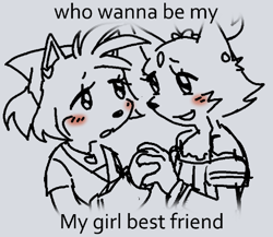 Size: 479x416 | Tagged: safe, artist:triple-starsss, amy rose, blaze the cat, 2024, amy x blaze, amybetes, blazebetes, blushing, cute, dialogue, duo, english text, grey background, holding hands, lesbian, line art, looking at each other, monochrome, mouth open, shipping, simple background, sketch, smile