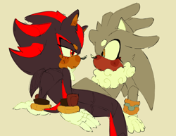 Size: 852x657 | Tagged: safe, artist:quarzy0ii, shadow the hedgehog, silver the hedgehog, awkward, beanbrows, beige background, blushing, cute, duo, eyelashes, frown, gay, lidded eyes, looking at each other, shadow x silver, shadowbetes, shipping, silvabetes, simple background, sitting