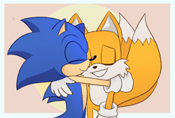 Size: 3303x2237 | Tagged: safe, artist:opalite-art, miles "tails" prower, sonic the hedgehog, 2020, border, cute, duo, eyes closed, flat colors, hugging, smile, standing