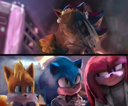 Size: 2048x1692 | Tagged: safe, artist:sath_chocowal, knuckles the echidna, miles "tails" prower, shadow the hedgehog, sonic the hedgehog, sonic the hedgehog 3 (film), 2024, flower, gay, group, outdoors, redraw, shadow x sonic, shipping, team sonic, veil, wedding dress