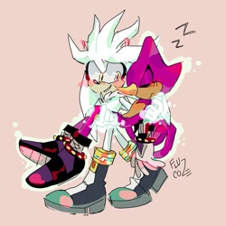 Size: 1279x1280 | Tagged: safe, artist:flucoze, espio the chameleon, silver the hedgehog, hedgehog, blushing, blushing ears, carrying them, chameleon, cute, duo, espibetes, eyes closed, gay, looking at them, pink background, shipping, signature, silvabetes, silvio, simple background, sleeping, smile, walking, zzz