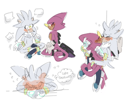 Size: 1280x1120 | Tagged: safe, artist:flucoze, espio the chameleon, silver the hedgehog, hedgehog, against wall, blushing, chameleon, duo, eyes closed, gay, gay thoughts, head in arms, holding each other, holding them, kiss, looking at each other, meme, shipping, signature, silvio, simple background, speech bubble, talking, thought bubble, white background