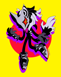 Size: 1024x1280 | Tagged: safe, artist:flucoze, infinite the jackal, eyestrain, infinite's mask, looking offscreen, phantom ruby, signature, simple background, solo, standing on one leg, yellow background