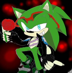 Size: 888x899 | Tagged: safe, artist:4sonicfan, scourge the hedgehog, hedgehog, blue eyes, fangs, fingerless gloves, glasses, glasses on head, gloves, green fur, jacket, male, rose, scars, sharp teeth, shoes, solo, sunglasses