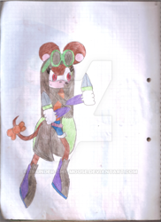 Size: 400x550 | Tagged: safe, artist:thunder-the-mouse, oc, oc:thunder dark the hedgemouse, mouse, belt, boots, brown fur, female, fingerless gloves, glasses, glasses on head, jacket, red eyes, shirt, shorts, solo, sunglasses, traditional media