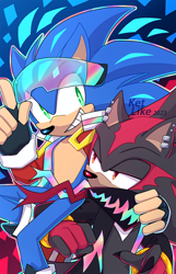 Size: 700x1087 | Tagged: safe, artist:ketlike, shadow the hedgehog, sonic the hedgehog, hedgehog, black fur, blue fur, fingerless gloves, green eyes, jacket, male, red eyes, red fur, shoes