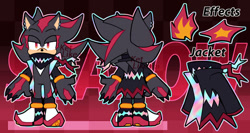 Size: 1226x652 | Tagged: safe, artist:ketlike, shadow the hedgehog, hedgehog, black fur, jacket, male, red eyes, red fur, shoes, solo