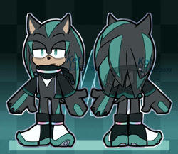 Size: 807x700 | Tagged: safe, artist:ketlike, mephiles the dark, hedgehog, black fur, blue eyes, blue fur, jacket, male, shoes, solo