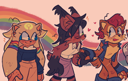 Size: 1250x789 | Tagged: safe, artist:starfall-isle, gold the tenrec, nicole the hololynx, sally acorn, abstract background, alternate outfit, bisexual, bisexual pride, cute, freckles, gay pride, goldabetes, heart, holding hands, lesbian, looking at each other, looking at them, nicabetes, nicole x sally, outline, pansexual, pansexual pride, pride, rainbow, sallabetes, shipping, smile, standing, trio