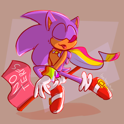 Size: 1280x1280 | Tagged: safe, artist:buckettkun, sonic the hedgehog, anti-terf, cape, cute, eyes closed, flag, gay pride, holding something, mid-air, pansexual, pansexual pride, positivity, signature, smile, solo, sonabetes, tongue out