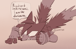 Size: 2048x1334 | Tagged: safe, artist:samoirax, miles "tails" prower, clenched fist, dialogue, english text, gradient background, lying on front, messy fur, mouth open, sharp teeth, signature, solo, speech bubble, torn gloves, were form, werefox