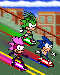 Size: 806x1000 | Tagged: safe, artist:supermurrio, sonia the hedgehog, sonic the hedgehog, sonic underground, abstract background, manic the hedgehog, siblings, skateboard, trio