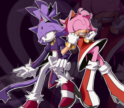 Size: 1605x1407 | Tagged: safe, artist:sharks3ye, amy rose, blaze the cat, 2024, amy x blaze, duo, echo background, eyes closed, lesbian, lidded eyes, linking arms, looking at them, outline, shipping, smile