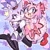 Size: 1280x1288 | Tagged: safe, artist:glitterysoulmagazine, amy rose, blaze the cat, 2024, abstract background, alternate outfit, amy x blaze, amybetes, blazebetes, blushing, bow, cosplay, cute, dress, duo, homura akemi, hugging, kneeling, lesbian, looking at viewer, madoka kaname, one fang, puella magi madoka magica, shipping, smile, star (symbol)