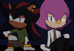 Size: 1872x1296 | Tagged: safe, artist:emmsru, espio the chameleon, shadow the hedgehog, 2024, alternate outfit, belt, blue background, duo, frown, gay, hand on knee, lidded eyes, looking at viewer, mouth open, pants, shadpio, shipping, shirt, simple background, sitting, star (sky), tie