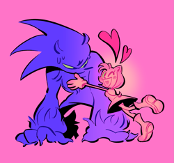 Size: 1739x1630 | Tagged: safe, artist:cowinf, amy rose, sonic the hedgehog, 2024, amy x sonic, heart, hugging, pink background, shipping, simple background, sonic the werehog, straight, were form, werehog