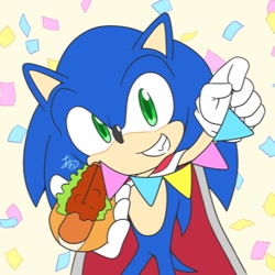 Size: 400x400 | Tagged: safe, artist:aogane_enagoa, sonic the hedgehog, birthday, cape, chili dog, food, grin, holding something, smile, solo