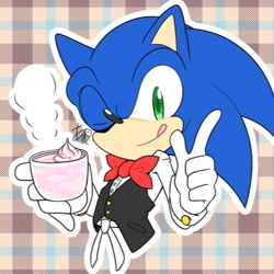 Size: 400x400 | Tagged: safe, artist:aogane_enagoa, sonic the hedgehog, alternate outfit, bowtie, cup, drink, holding something, licking lips, looking at viewer, plaid background, solo, wink