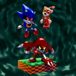 Size: 2048x2048 | Tagged: safe, artist:squidlydoodles, metal sonic, tails doll, sonic r, 3d, blender (medium), metal knuckles, robot, trio