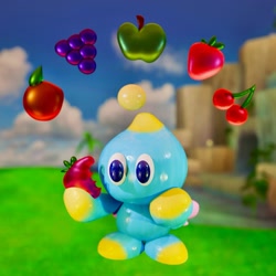 Size: 2048x2048 | Tagged: safe, artist:squidlydoodles, chao, sonic adventure 2, 2024, 3d, apple, blender (medium), chao garden, cherry, food, fruit, grapes, holding something, neutral chao, orange (fruit), solo, strawberry