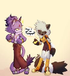 Size: 1134x1223 | Tagged: safe, artist:imovvfox, blaze the cat, tangle the lemur, 2024, cream background, cute, dialogue, duo, english text, eyes closed, looking at them, looking over shoulder, redesign, signature, simple background, smile, speech bubble, standing, tangabetes, yellow sclera