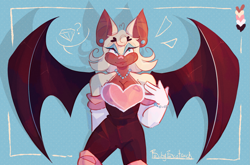 Size: 1921x1271 | Tagged: safe, artist:rockyracetrack, rouge the bat, 2024, blue background, chaos emerald, cleavage, ear piercing, earring, heart, lidded eyes, looking at viewer, necklace, question mark, redesign, shadow (lighting), signature, simple background, smile, solo, standing