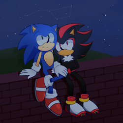 Size: 4000x4000 | Tagged: safe, artist:opalite-art, shadow the hedgehog, sonic the hedgehog, 2020, brick wall, constellation, date, duo, gay, grass, hill, holding each other, looking up, nighttime, outdoors, shadow x sonic, shipping, sitting, smile, star (sky)