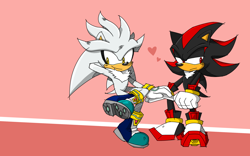 Size: 1920x1200 | Tagged: safe, artist:cherucat, shadow the hedgehog, silver the hedgehog, 2017, blushing, duo, frown, gay, hand behind head, heart, holding hands, lidded eyes, looking away, looking offscreen, shadow x silver, shipping, sitting, smile, sonic channel style, wallpaper