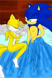 Size: 704x1050 | Tagged: safe, artist:caretix, miles "tails" prower, sonic the hedgehog, 2018, abstract background, barefoot, bed, brick wall, duo, eyes closed, gay, indoors, lidded eyes, looking at them, lying down, lying on side, pillow, shipping, shoes off, sitting, sleeping, smile, sonic x tails, waking up