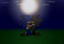 Size: 1345x930 | Tagged: safe, artist:gottagoblast, shadow the hedgehog, sonic the hedgehog, 2014, abstract background, blushing, clouds, duo, eyes closed, gay, grass, holding each other, kneeling, moon, nighttime, outdoors, shadow x sonic, shipping, star (sky)