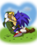 Size: 1081x1278 | Tagged: safe, artist:rockgaara, sonic the hedgehog, 2011, abstract background, blushing, crossover, crossover shipping, daytime, duo, eyes closed, gay, grass, heart, holding each other, link (loz), link x sonic, outdoors, shipping, signature, sitting, sitting on lap, the legend of zelda