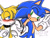 Size: 1400x1050 | Tagged: suggestive, artist:patrial, miles "tails" prower, sonic the hedgehog, 2010, age difference, blushing, chain, collar, dialogue, duo, english text, eye clipping through hair, frown, gay, heart, holding something, lidded eyes, looking at each other, mouth open, pointing, shipping, simple background, smile, sonic x tails, standing, studded collar, studded leather, white background
