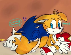 Size: 887x692 | Tagged: safe, artist:galaxyworld77, miles "tails" prower, sonic the hedgehog, 2023, blushing, dialogue, duo, english text, eyes closed, floppy ears, gay, hugging tail, looking at them, looking back, looking back at them, shipping, signature, sitting, sleeping, sonic x tails, speech bubble, sweatdrop, zzz