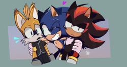 Size: 1861x985 | Tagged: safe, artist:nthbutsting, miles "tails" prower, nine, shadow the hedgehog, sonic the hedgehog, sonic prime, 2023, arm around shoulders, border, cute, frown, heart, lidded eyes, looking at each other, looking at them, looking at viewer, mouth open, shadow is not amused, shadowbetes, standing, surprised, trio, wink