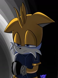 Size: 1080x1433 | Tagged: safe, artist:chaton150, miles "tails" prower, nine, sonic prime, 2024, abstract background, floppy ears, lidded eyes, looking offscreen, sad, solo