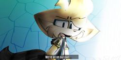 Size: 1015x507 | Tagged: safe, artist:zzzleepi, miles "tails" prower, nine, sonic prime, 2024, abstract background, dialogue, english text, eyebrow clipping through hair, fangs, looking at viewer, mouth open, redraw, solo