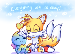 Size: 1200x900 | Tagged: safe, artist:angelrosestar, miles "tails" prower, chao, 2024, chaobetes, comforting, crying, cute, dialogue, duo, english text, eyes closed, head pat, kneeling, neutral chao, petting, shadow (lighting), sitting, smile, tailabetes, tears