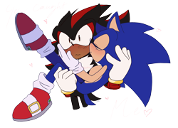 Size: 2903x2086 | Tagged: safe, artist:smugperson, shadow the hedgehog, sonic the hedgehog, 2024, blushing, carrying them, dialogue, duo, english text, eyes closed, flat colors, gay, heart, holding each other, kiss on cheek, looking ahead, looking offscreen, shadow x sonic, shipping, shrunken pupils, simple background, standing, surprise kiss, surprised, transparent background